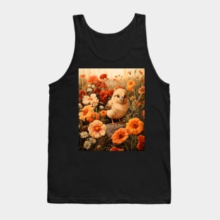 Retro Vintage Art Style Baby Chick in Field of Wild Flowers - Whimsical Farm Tank Top